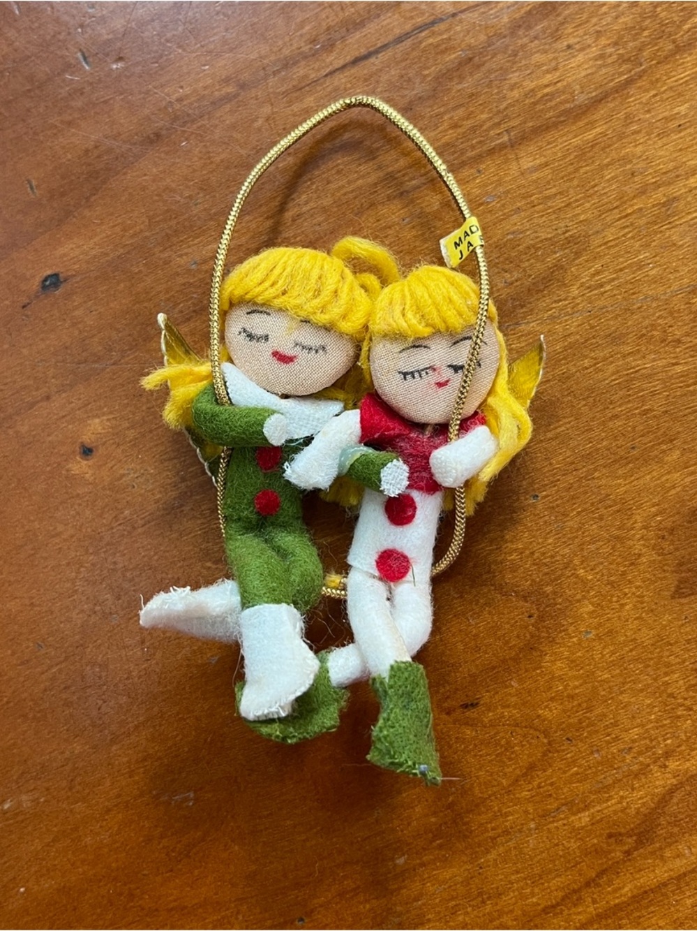Vintage 1950’s Felt Angel Elves on a Swing Knee Hugger Ornament. Made in Japan.